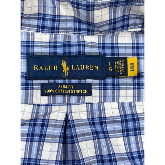 Ralph Lauren SKU 7540 Mens Blue and White Plaid Dress Shirt Size L - Picture 9 of 13